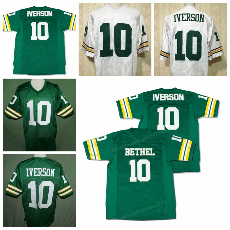 

Custom Allen Iverson #10 Bethel High School Football Jersey Green Stitched White Green Any Name Number Size 2XS-3XL