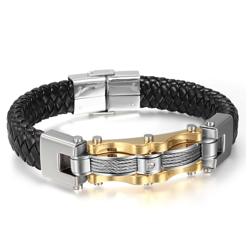 

Korean Version Men's Bracelet Hand made Braided Black Leather High Polished Titanium Steel Rope Accessories Hot Sale