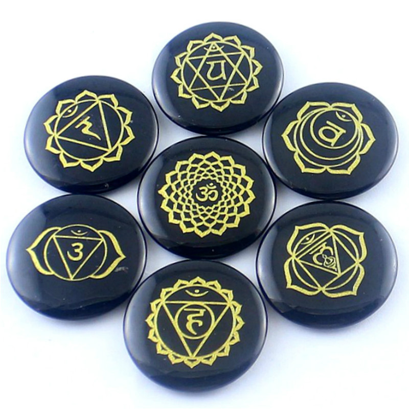 

1pc Natural Stone Black Agates 7 Chakras Carving Symbol Religious 30mm Round Card Brand Decorations Jewelry Finings DIY