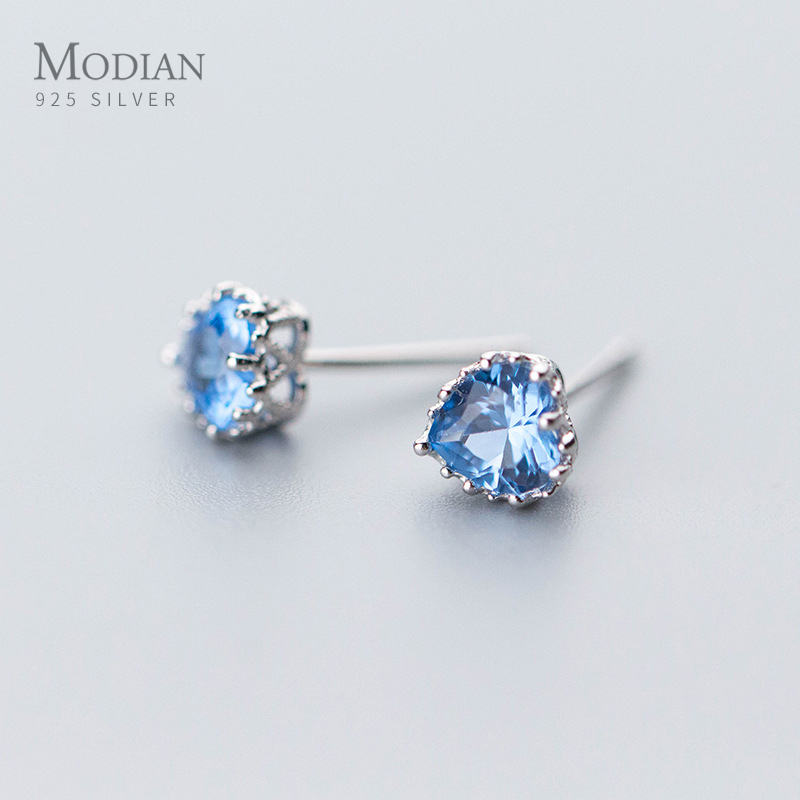 

Modian New 925 Sterling Silver Vintage Heart Blue Zirconia Stud Earrings for Women Gold Color Silver 925 Fine Jewelry Earings