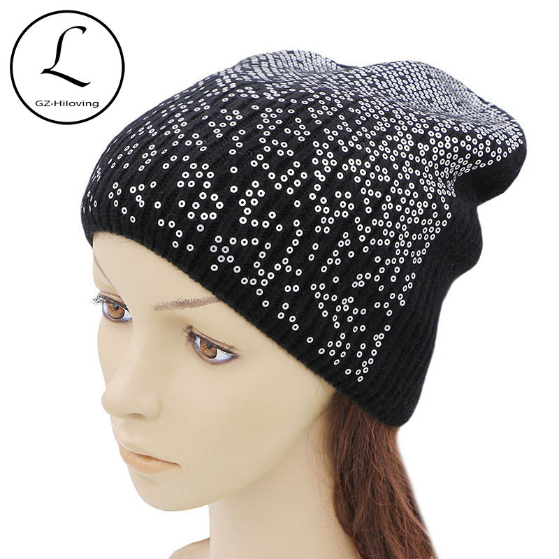 

GZHILOVINGL 2020 Hip Hop INS Winter Silver Sequin Warm Thick Solid Knitted Fur Wool Beanie Hat For Women Skullies Beanies, White