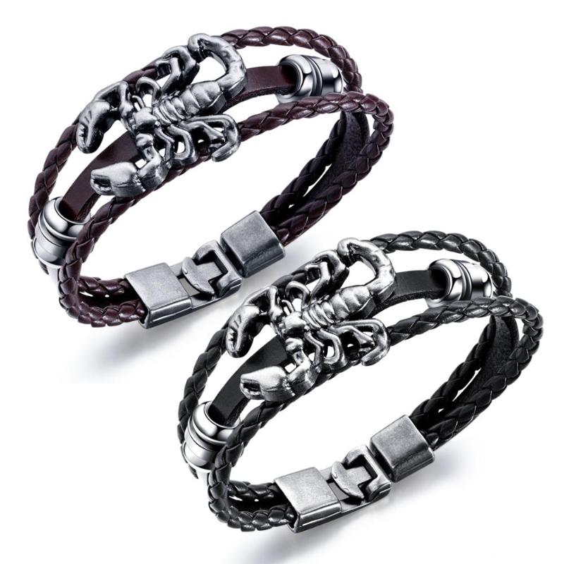 

Simple and stylish hand-knitted men's leather bracelet Scorpion titanium steel multi-layer black leather bracelet 3-PH1361