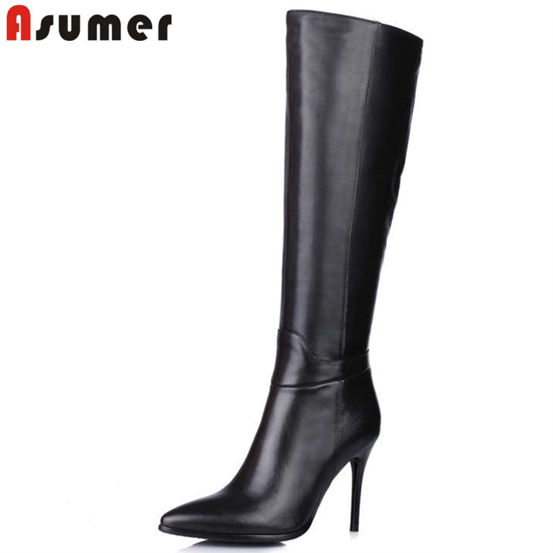 

ASUMER 2020 fashion new genuine leather boots pointed toe zip knee high boots thin high heels ladies prom autumn winter, Black with fur