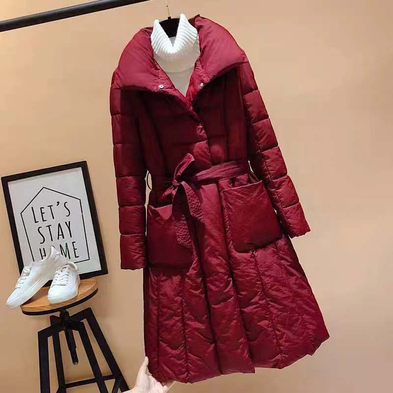 

Winter Quilted Cotton Cloth Female Long Over-the-Knee Slim Fashion Expandable Cloak Lace Cotton-Padded Clothes Coat, Black