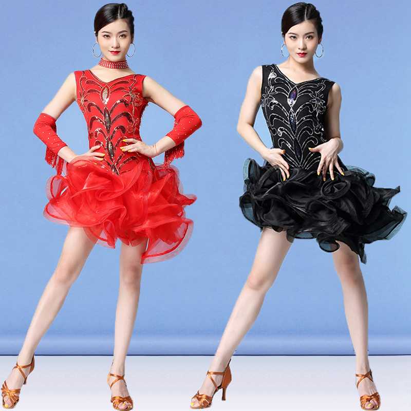 

Latin Dance Women Fringe Dress&Gloves&Earrings Competition/Practice Cha Rumba Samba Salsa Dance Dress Great Gatsby, Black