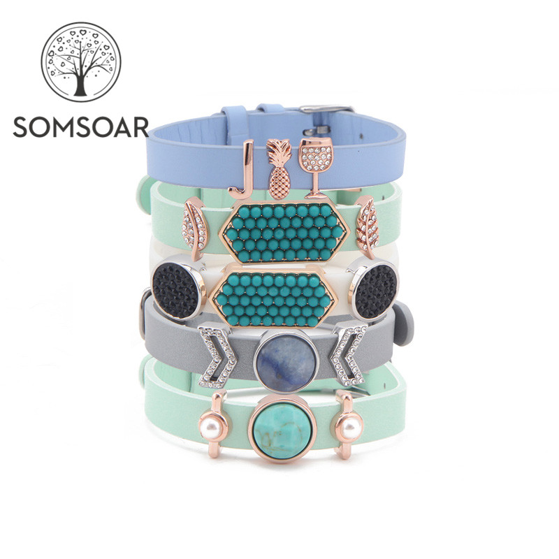 

Somsoar Jewelry Genuine silicone Leather Wrap Charm Bracelet Set with DIY slide charms for Women Best Gift
