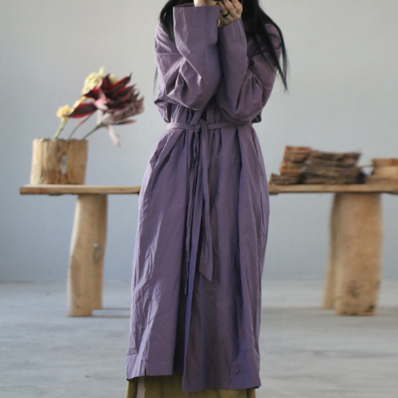

Johnature Women Cotton Purple Vintage Belt Trench Loose Turn-down Collar Windbreaker 2020 Autumn Plus Size Open Stitch Coats