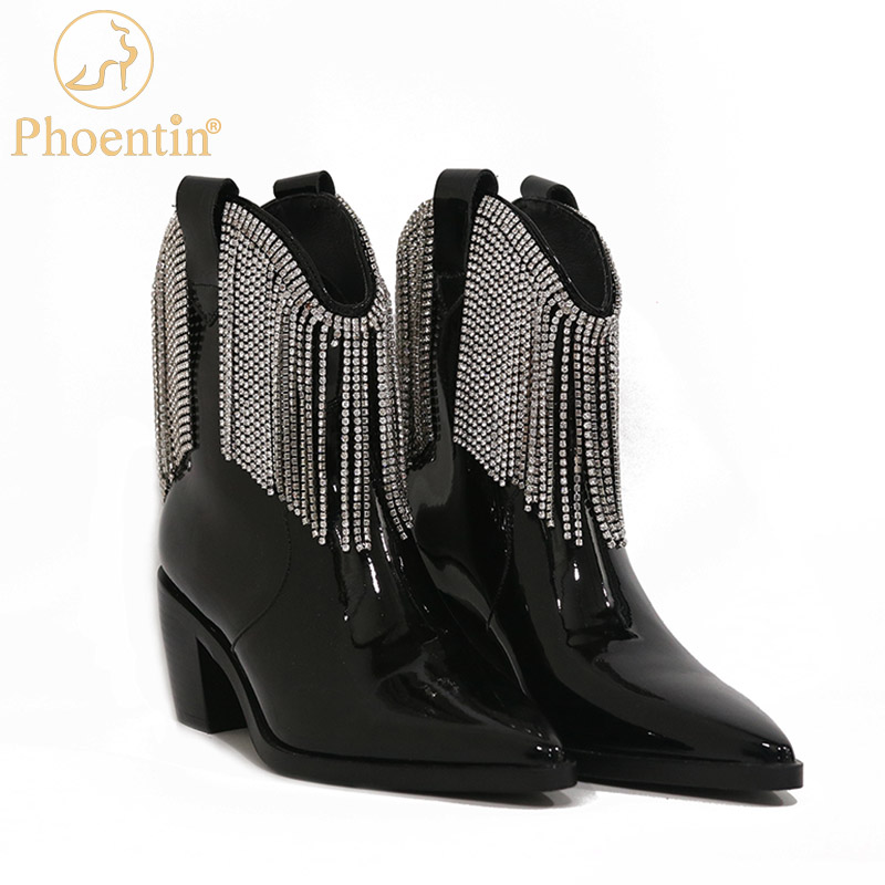 

Phoentin genuine leather cowboy boots women 2020 crystal tassel ankle boots fringe chunky heels party shoes black fashion FT1123