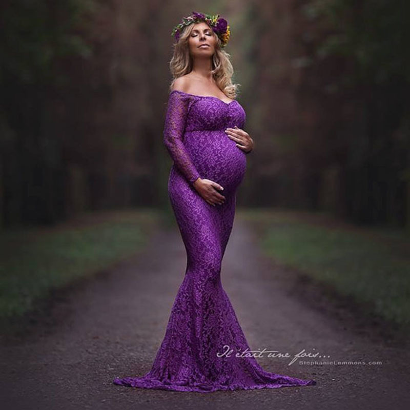 

Maternity Dresses Photography Props Sexy Off Shoulder Long Sleeve Maxi Long Pregnancy Dress Photo Shoot Pregnant Woman Clothes LJ200910, Lavender