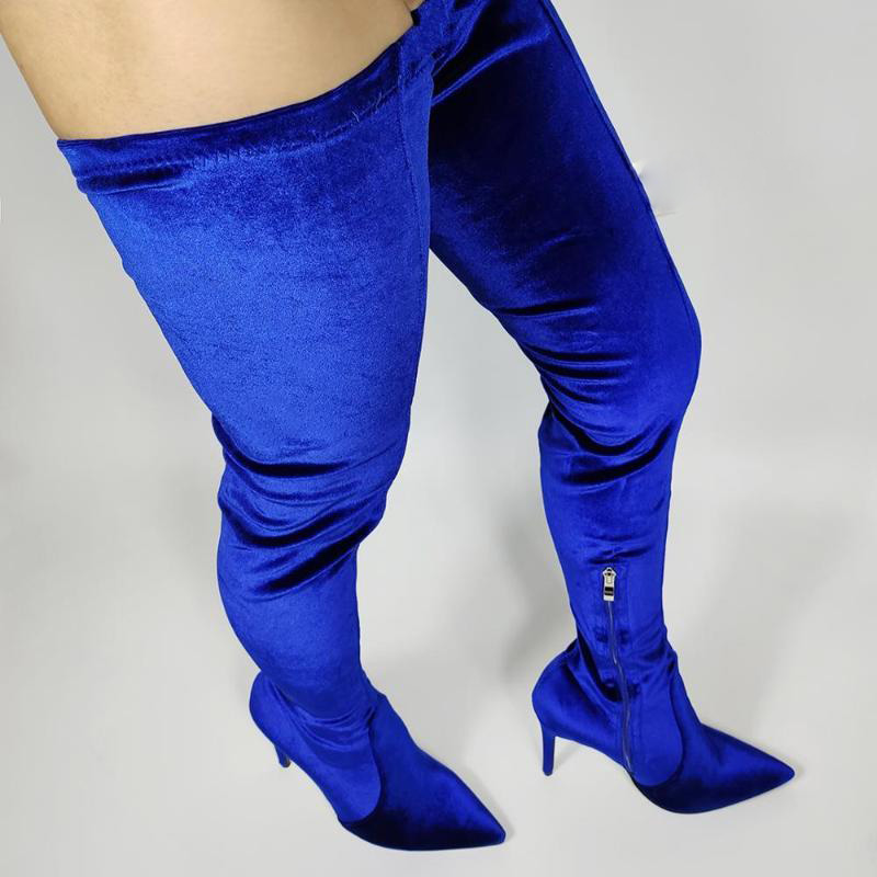 

Women Thigh High Boots Velvet Stretchy Heels Boots Side Zip Wide Calf Friendly Botas Lady Shoes Woman Big Size 43 44 47, Blue