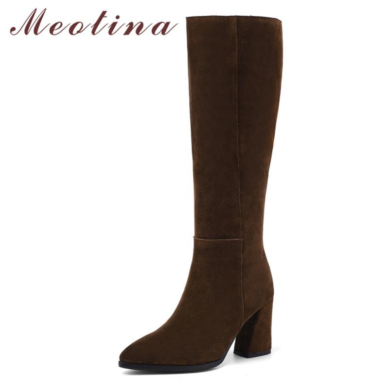 

Meotina Winter Real Leather Knee High Boots Women Cow Suede Thick Heel Long Boots Zipper Super High Heel Shoes Lady Autumn 34-39, Black