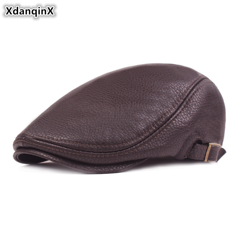 

XdanqinX Men's PU Leather Berets Winter Simple Fashion Imitation Leather Tongue Cap Middle-aged Elderly Warm Winter Hat Dad Hats, Black