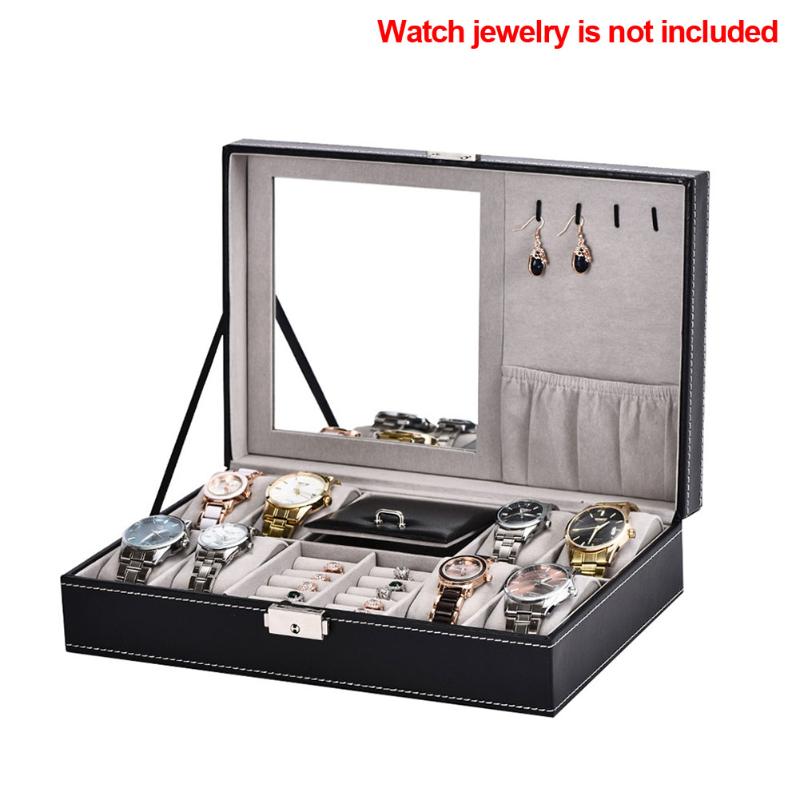 

8 Grids Watch Box Jewelry Storage With Mirror Wristwatch Holder Home Case Portable Earrings PU Leather Multifunctional Organizer