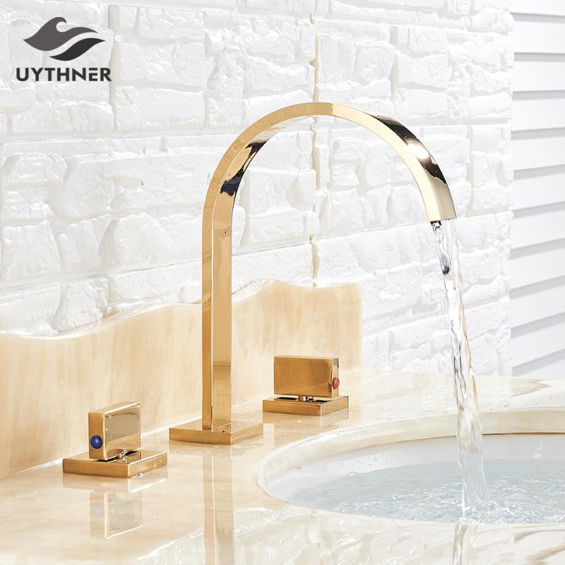 

Gold Bathroom Basin Faucet Wash Basin Sink Faucet Dual Handle Taps Deck Mounted Wash Hot and Cold Water Mixer Tap