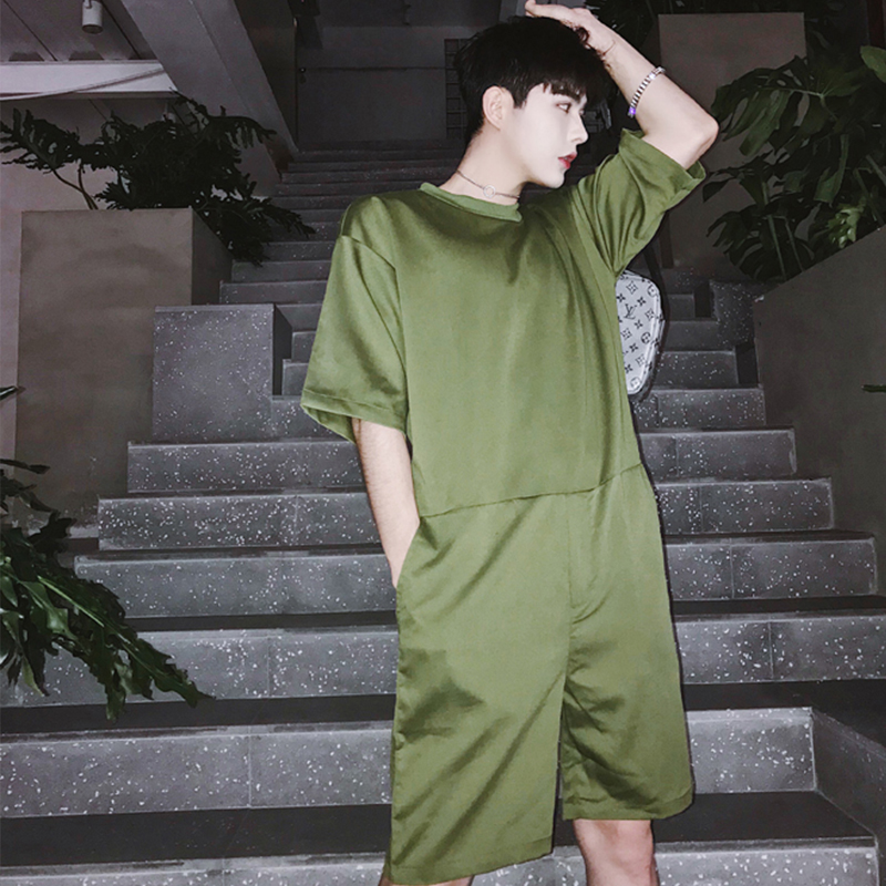 

Summer thin short sleeve one-piece shorts fashionable men's Japanese retro simple solid color one-piece suit for lovers, Black