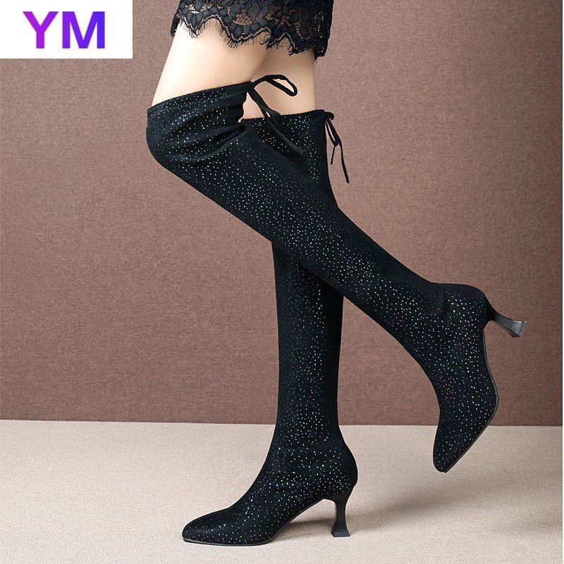 

2020 New Autumn Winter Women Sequined Stretch Cloth Sexy Over The Knee Boots Thin High Heels Shoes Ladies Thigh High Boots Botas, Black