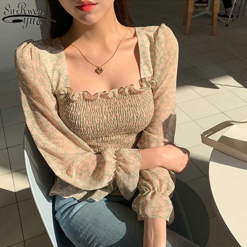 

Vintage Ruffled Casual Blouse Women Square Collar Floral Plus Size Tops Autumn Puff Long Sleeve Women's Shirt Blusas Mujer 11239, Picture color