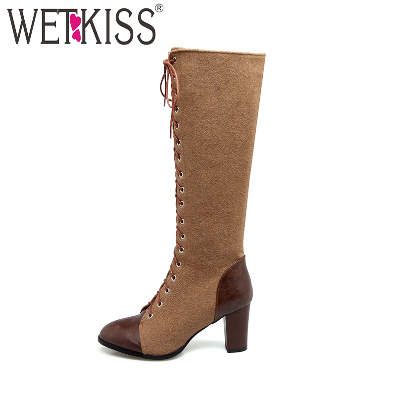 

WETKISS Big Size 33-48 Women's Boots Fashion Cross tied Side Zipper Knee High Boots Women's Shoes Winter Thick High Heels, Brown