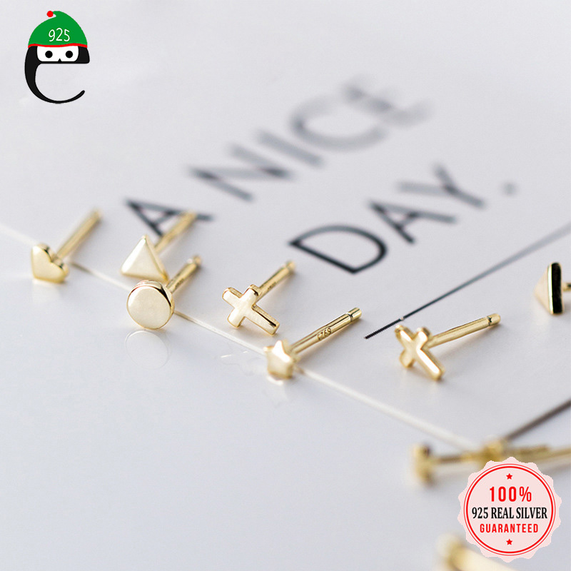 

ElfoPlataSi Genuine 925 Sterling Silver Gold Triangle Heart Star Cross Round Stud Earrings For Women Silver 925 Jewelry ED395
