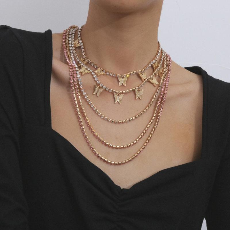 

KMVEXO 5PCS/Set Multilayers Crystal Chains Iced Out Bling Butterfly Pendant Necklaces Girls Female Hip Hop Women Choker Jewelry