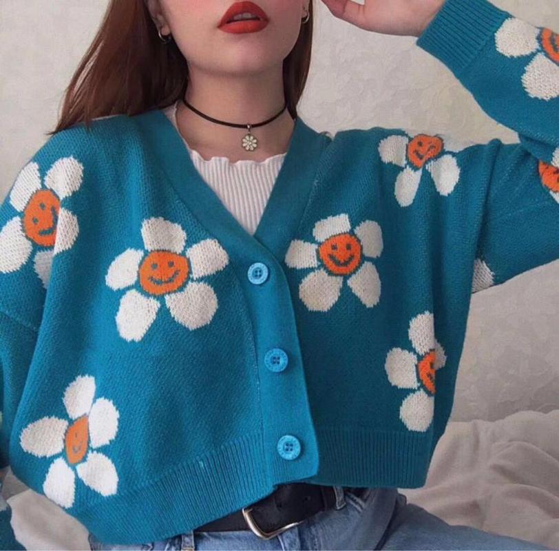 

Flower Print Knit Female Cardigans long V Neck Oversized Cute Symbol Vintage Sweater 2020Winter women's Jacket Sweatshirt Pull, Complexion