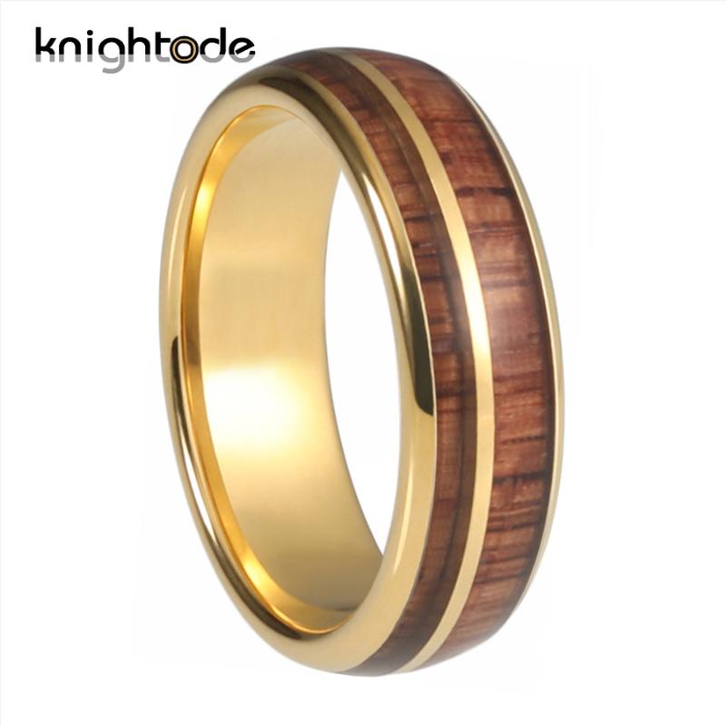 

8mm Gold Tungsten Wedding Band Bouble Rose Wood Inlay for Men Women Birthday Ring Friend Gift Dome Band Polishing