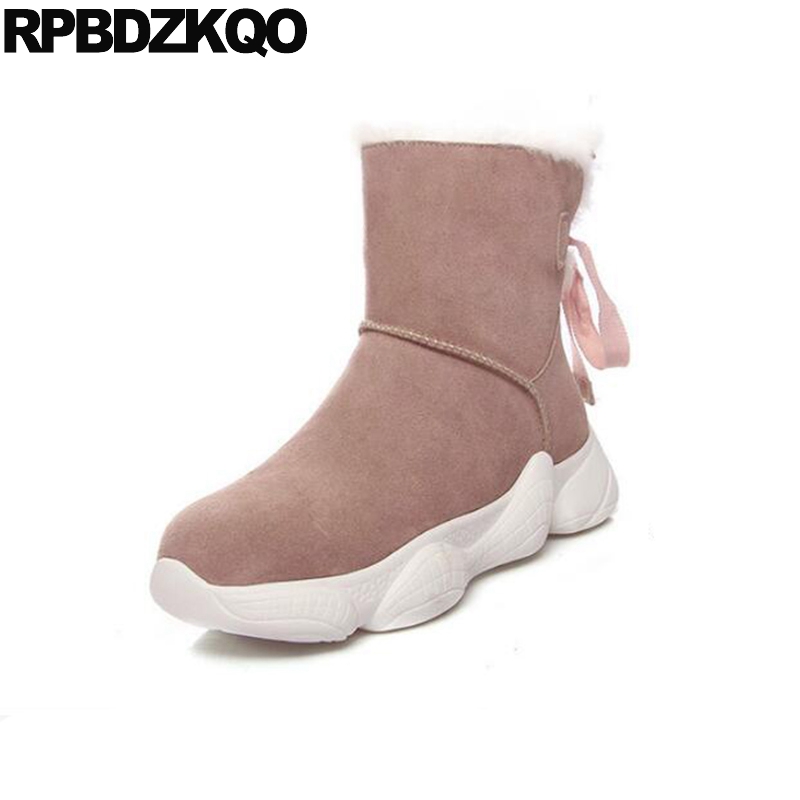 

shoes pink fur genuine leather booties short suede harajuku winter snow boots women ankle creepers platform flatform muffin bow, Black