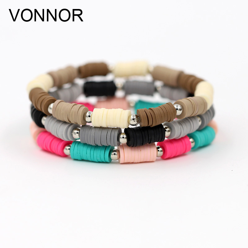 

Charm Bracelets VONNOR Fashion Jewelry Elastic For Women Boho Colorful Polymer Clay Beaded Strand Bracelet Female Girl Gift