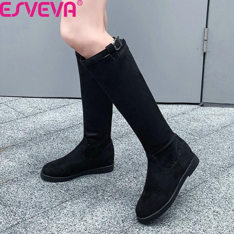 

ESVEVA 2020 Scrub PU Leather Square Heel Autumn Winter Women Shoes Round Toe Buckle Zipper Concise Knee High Boots Size 34-43, White