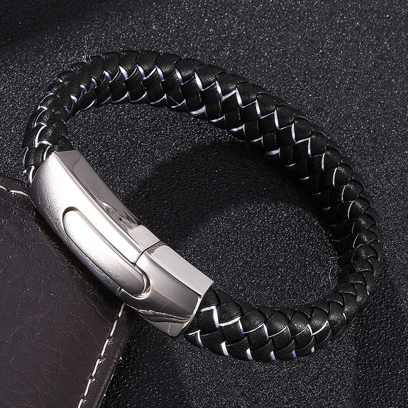 

Fashion Men Jewelry Black White Braided Leather Bracelet Male Stainless Steel Spring Clasps Charms Bangles Wrist Band Gifts