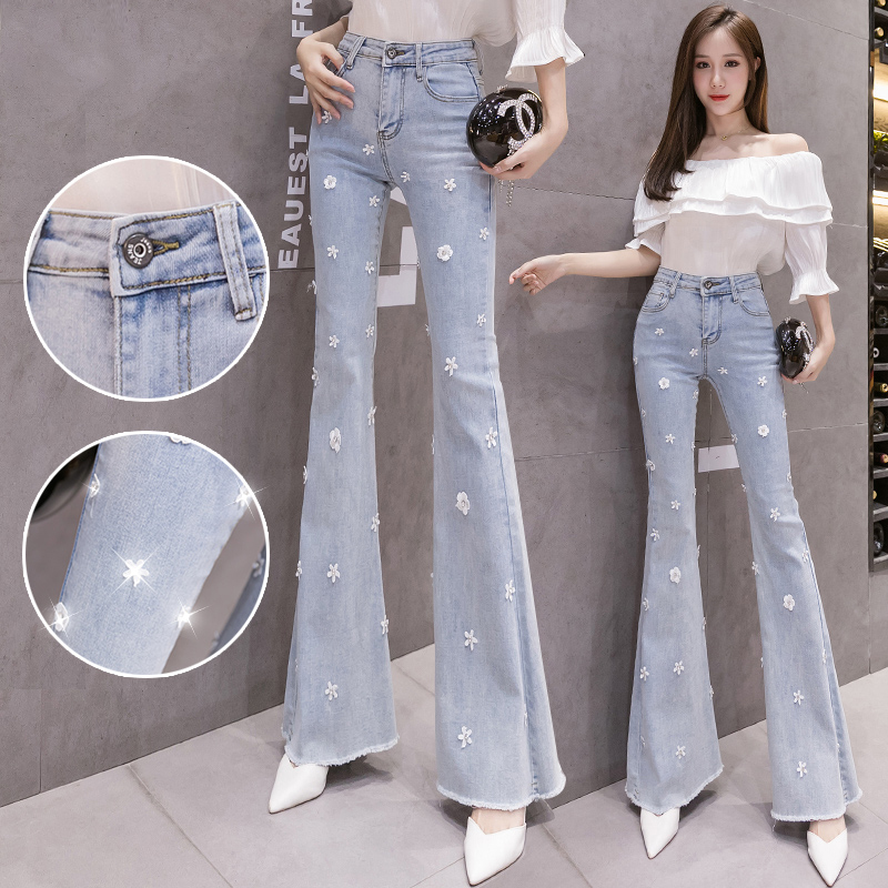 

Popular pants women' new fashion jeans outer wear western style women' embroidered jeans summer thin section weird, Blue