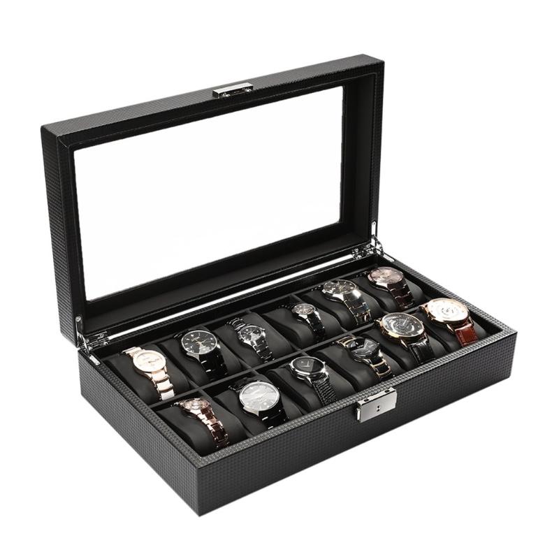 

Black High-Grade 12 Slot Luxury Carbon Fiber Display Design Jewelry Display Watch Box Storage Holder Large Glass Window