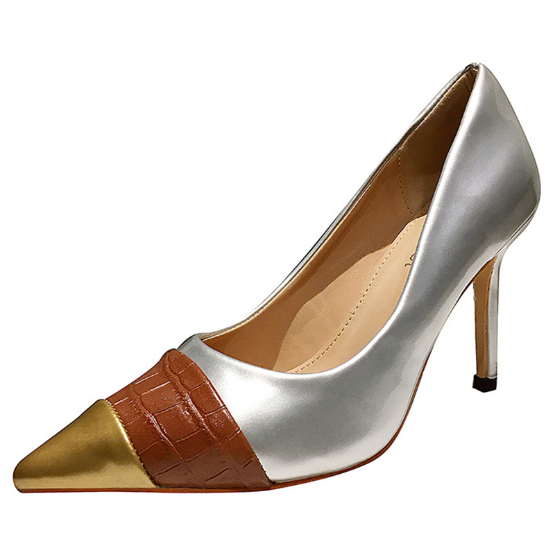 

Pointed toe fine heel high-heeled women work shoes ladies sexy high-heeled shallow shoes stitching color matching women, Silver