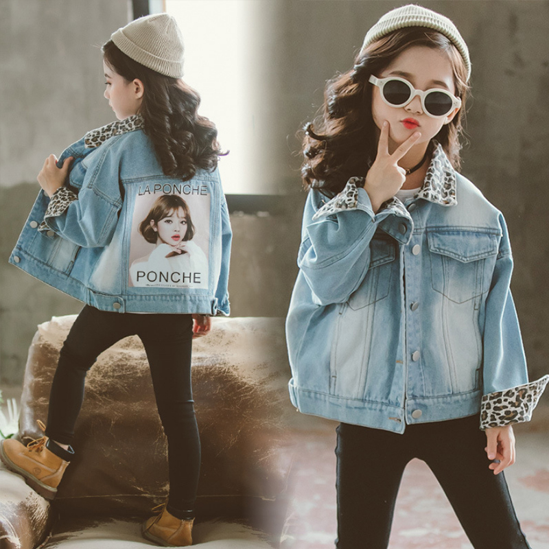 

2020 autumn new children's denim jacket girls leopard wash fashion loose printed children's jacket, Blue