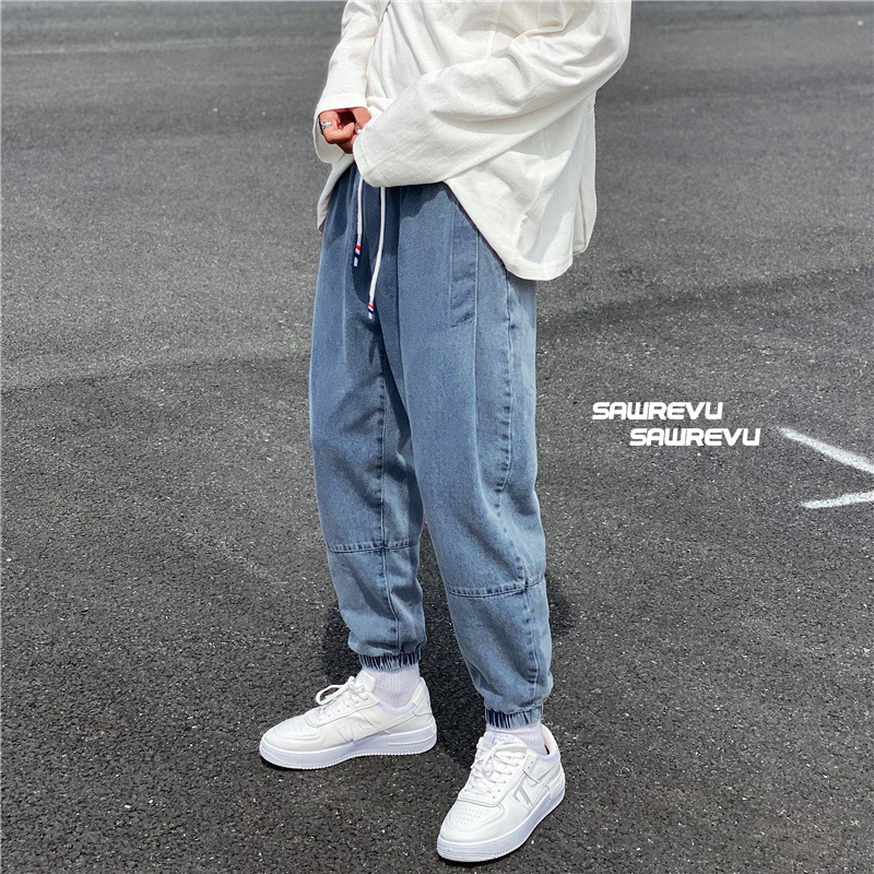 

Autumn Super Fire Ins Wide-leg Tooling Jeans for Boys Korean Loose Straight Wild Casual Drawstring Trousers, Black