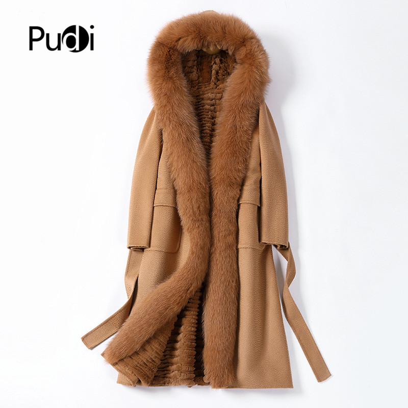 

Pudi women winter real wool fur coat jacket Rex rabbit liner fox fur collar Ins hot lady female overcoat trench parka Z19132, Khaki