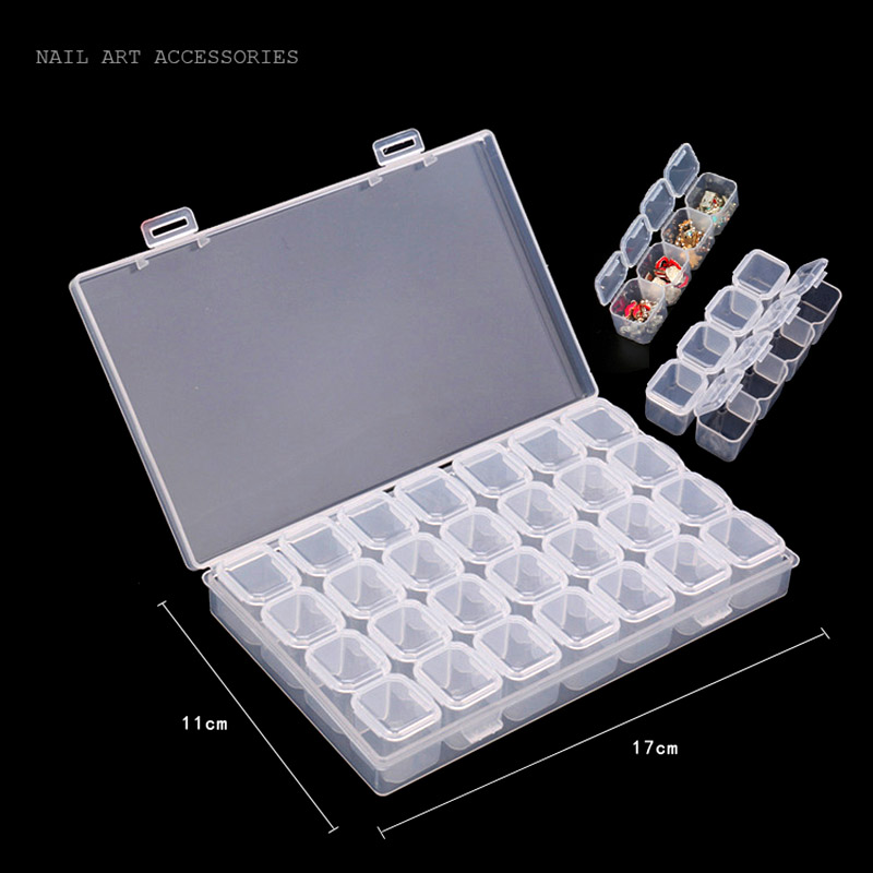 

28 Slots Nail Art Storage Box Plastic Transparent Display Case Organizer Holder For Rhinestone Beads Ring Earrings E2S, Clear