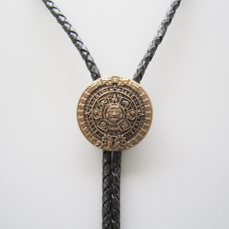 

Original Antique Gold Plated Classic Aztec Calendar Sculpting Bolo Tie Neck Tie Necklace also Stock in the US