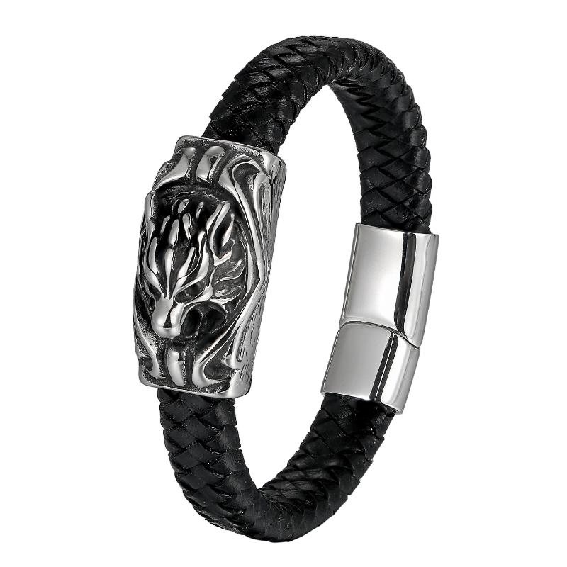 

BONISKISS Antique Dragon Head Leather Bracelet Magnetic Clasp 316L Stainless Steel Bangle for Men