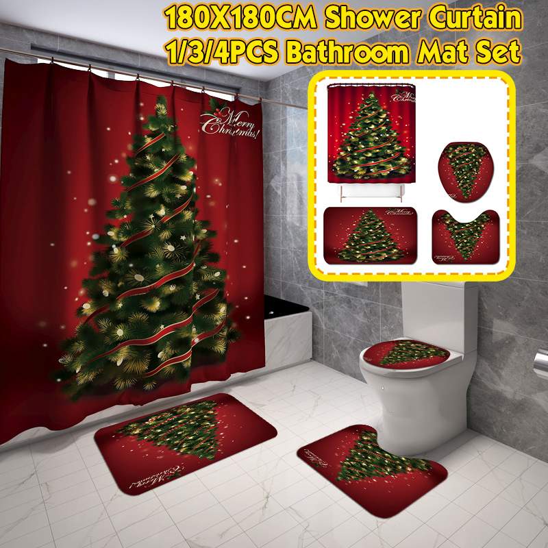 

4pcs/set Christmas Backgdrop Snow Printing Waterproof Bathroom Shower Curtain Bath Curtain Toilet Cover Mat Set Non-Slip Rugs