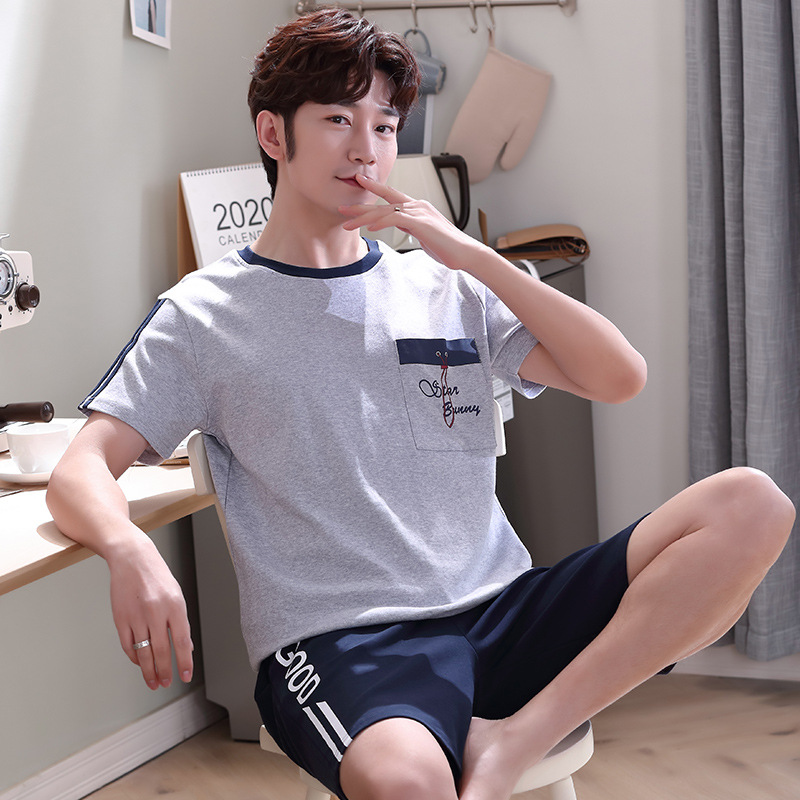 

Pajamas men's cotton short-sleeved plus fertilizer plus size students and teenagers summer thin cotton home clothes set, 1918 men s