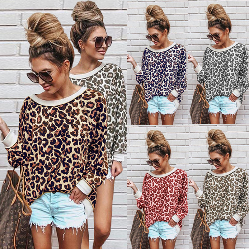

2020 hot style 5 color spring and autumn sexy leopard print round neck long sleeve blouse, Kg-1