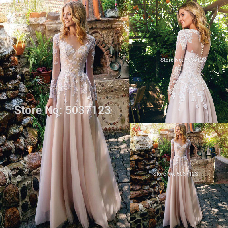 

New Champagne A Line Wedding Dresses with Lace Appliques Floor Length Long Sleeves Vestido De Noiva Bridal Gown Robe De Mariée, Same as image