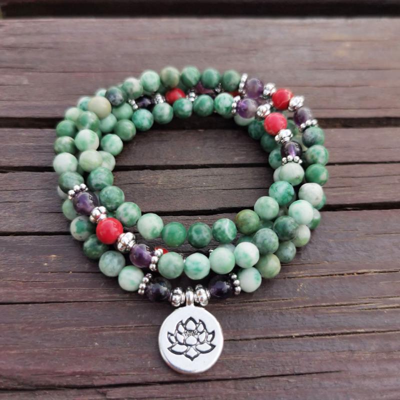 

6mm Natural Green point stone 108 Mala Bracelet or Necklace Yoga Mala wrap Bracelet for Women Lotus Jewelry Gift