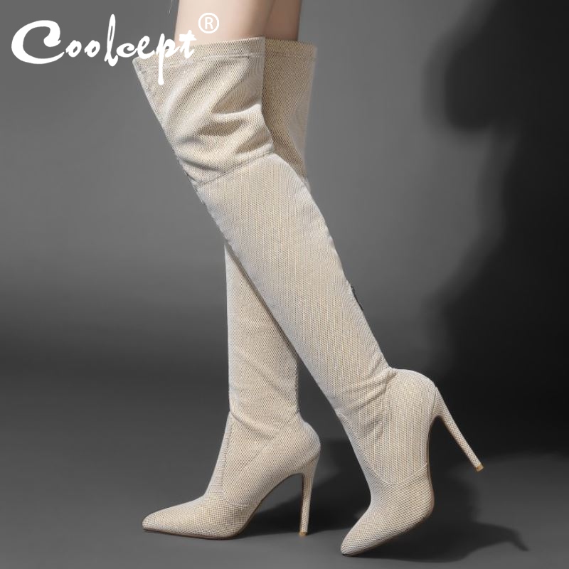 

Coolcept Size 34-43 Women Over Knee Boots Zipper Sexy Pointed Toe Thin High Heel Winter Shoes Woman Warm Long Boot Footwear, Black