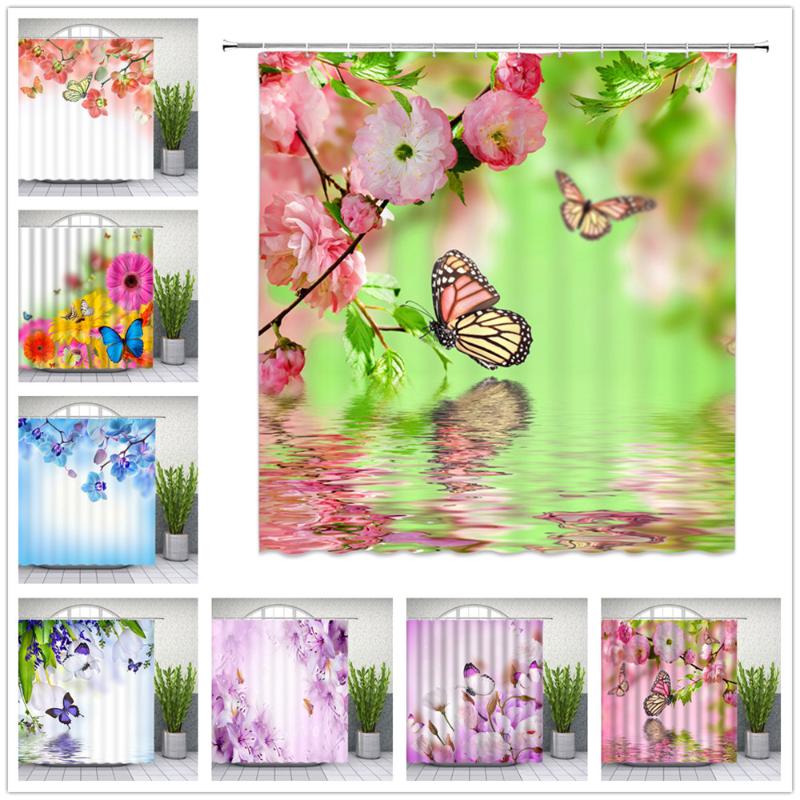 

Flower Butterfly Shower Curtains Spring Floral Plant Scenery Pattern Bathroom Decor Home Bath Cloth Hanging Curtain Set