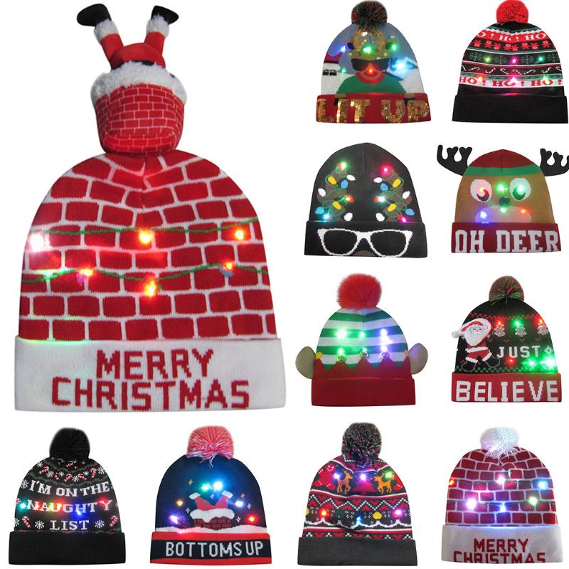 

Christmas Hats Colorful Merry Christmas LED Light-up Knit Hat Beanie Hairball Warm Cap Gifts Hat for Kid Adult For Party 2020