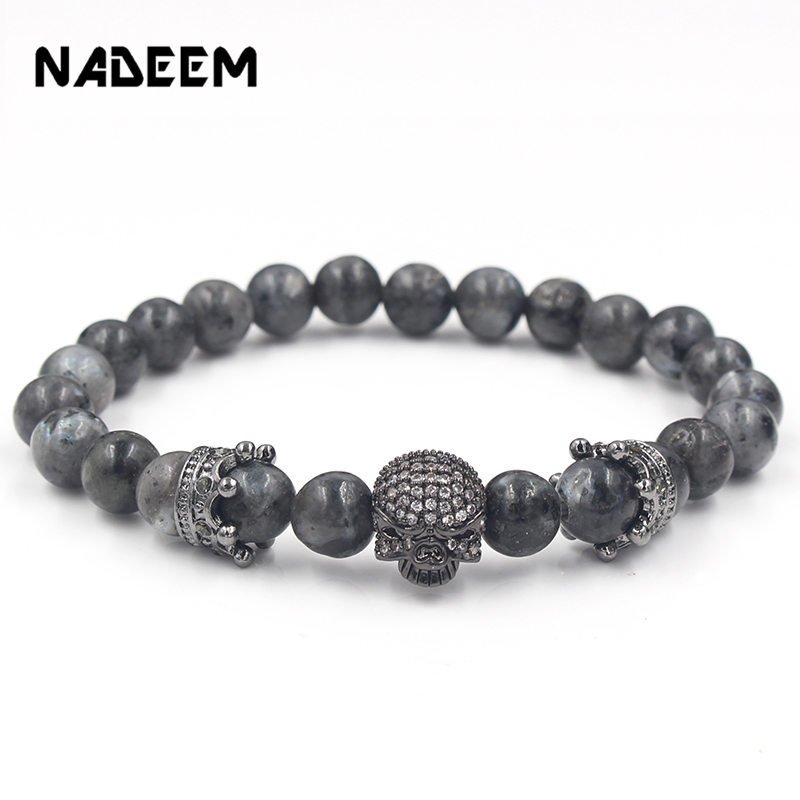 

Fashion Punk Micro Pave CZ Black Skeleton Skull Corwn Charm With Labradorite Stone Beads Men Buddha Strand Bracelet Jewelry