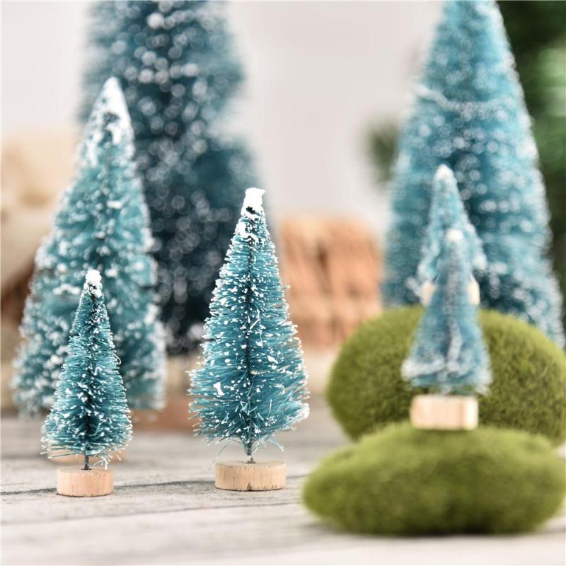 

7PCS Mini Sisal Snow Frost Trees Trees With Wood Base Snow Frost Winter Ornaments For Home Table Top Christmas Decor