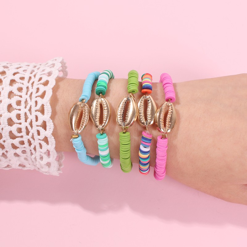 

Female Multi-color Bead Bracelets Discs Bead Shell Stretch Bracelet Polymer Clay Natural Tubular Bangle Bohemia Jewelry B10741